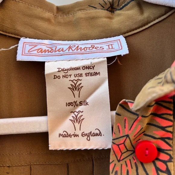 Vintage Zandra Rhodes Brown Floral 100% Silk Shift Midi Dress Made in England - Picture 6 of 9